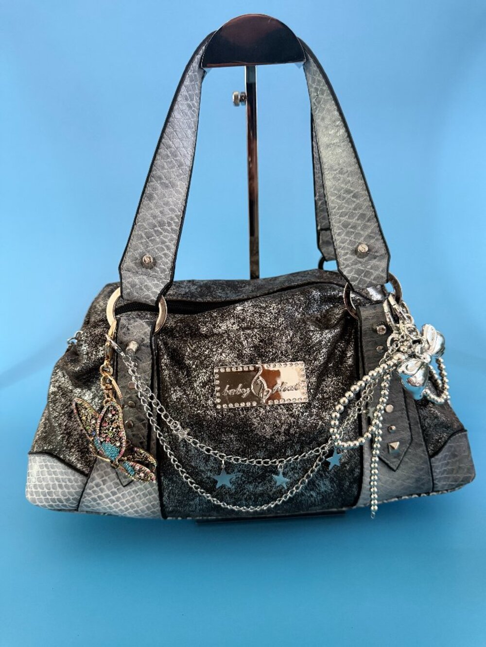 Baby Phat Y2K Gunmetal Silver Snake Embossed Charm Satchel